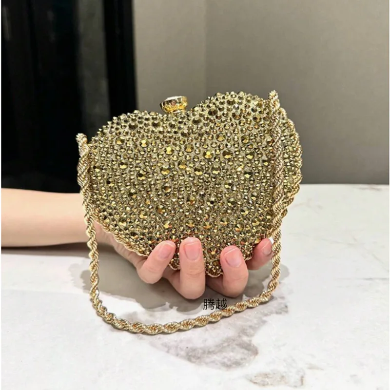 Luxury Diamond Inlay Heart Shape Crystal Clutch Purse Stones Evening Wedding Party Shoulder Bag Handle Rhinestone Mini Handbags