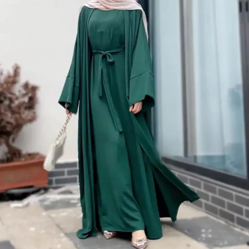 Muslim Set Two Pieces With Belt Abayas For Women Robe Long Sleeve Coat Sleeveless Dubai Kaftan Turkey Islam Muslim Dress