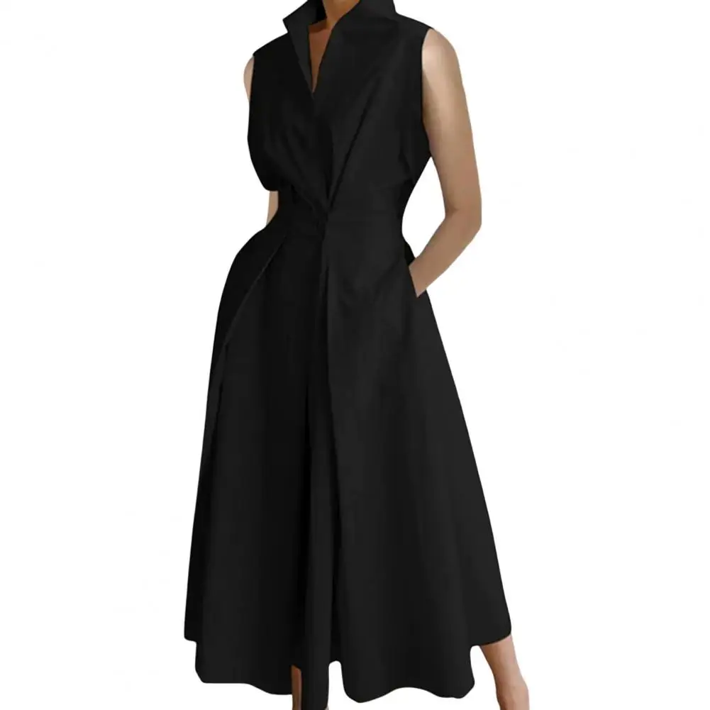 Women Lapel Collar Dress Loose Cut Midi Dress Elegant Midi Dress with Lapel Button Detail High Waist for Formal Events