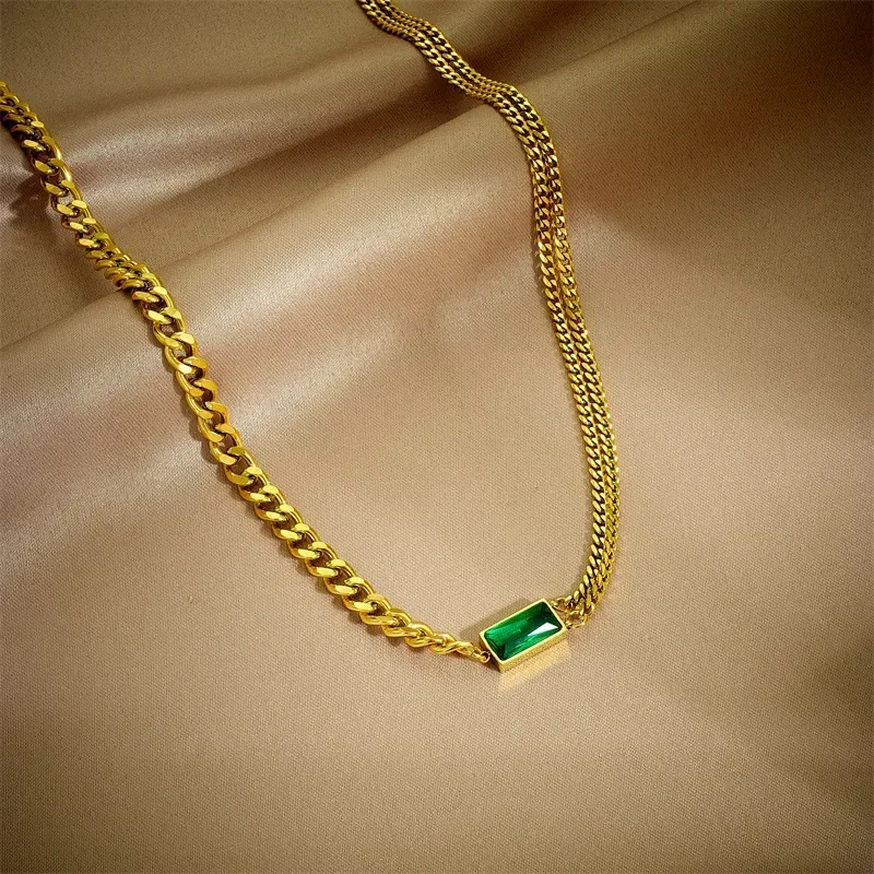 316l Stainless Steel Gold Color Chain Necklace Bracelet Earrings Rectangular Green Crystal Luxury Designer Wedding Jewelry Sets