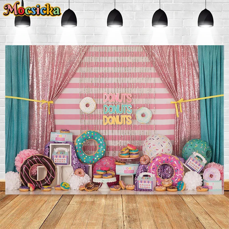 Mocsicka Donut เค้ก Smash การถ่ายภาพฉากหลัง Donuts Grow Up Girl 1st Birthday Party Decor ภาพพื้นหลังสตูดิโอถ่ายภาพ Props