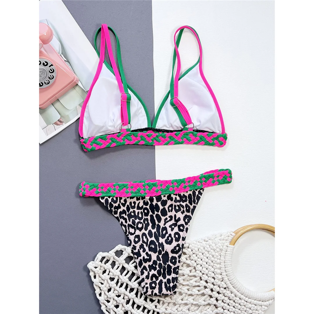 Leopardmuster, Patchwork-Design, hoch geschnittener Bikini, Damen-Badeanzug, zweiteiliges Bikini-Set, Badebekleidung, Badeanzug, Modell V5836. – Detail 11