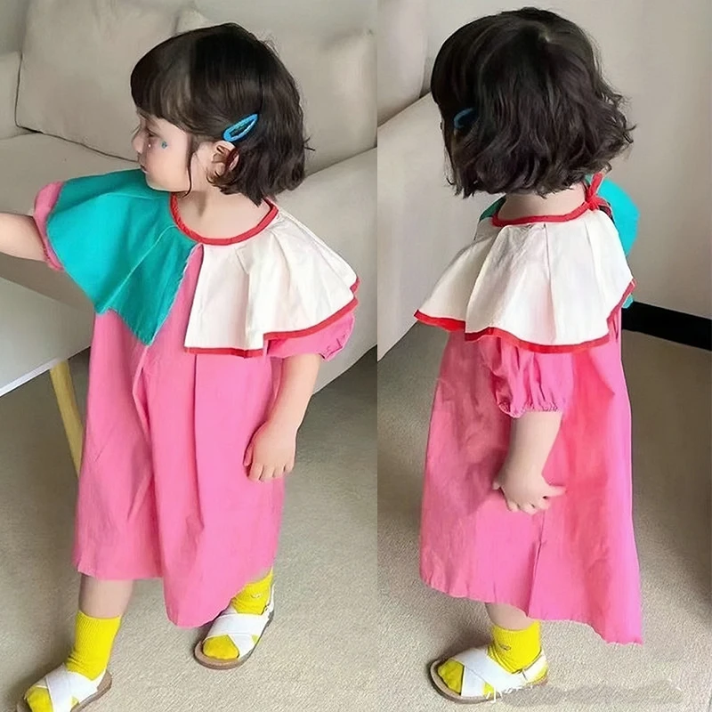 Summer Girl Patchwork Color Lotus Collar Puffed Sleeve Short Sleeve Ruffled Princess Dress Children'S Doll Collar And Calf Skirt