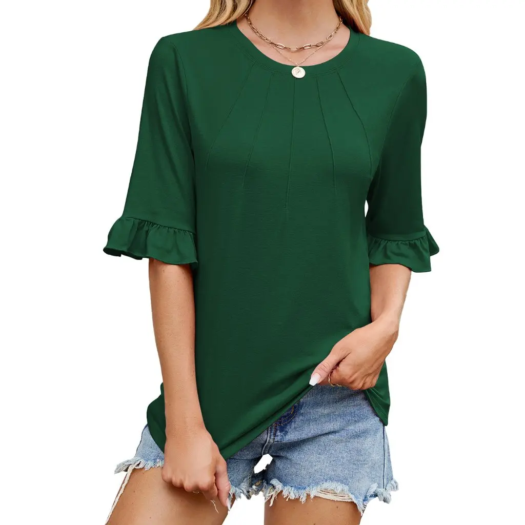 

Europe & America Trade Solid Color Striped Crewneck T-shirt Middle Sleeve Lotus Leaf Design Spring/Summer New Top for Women