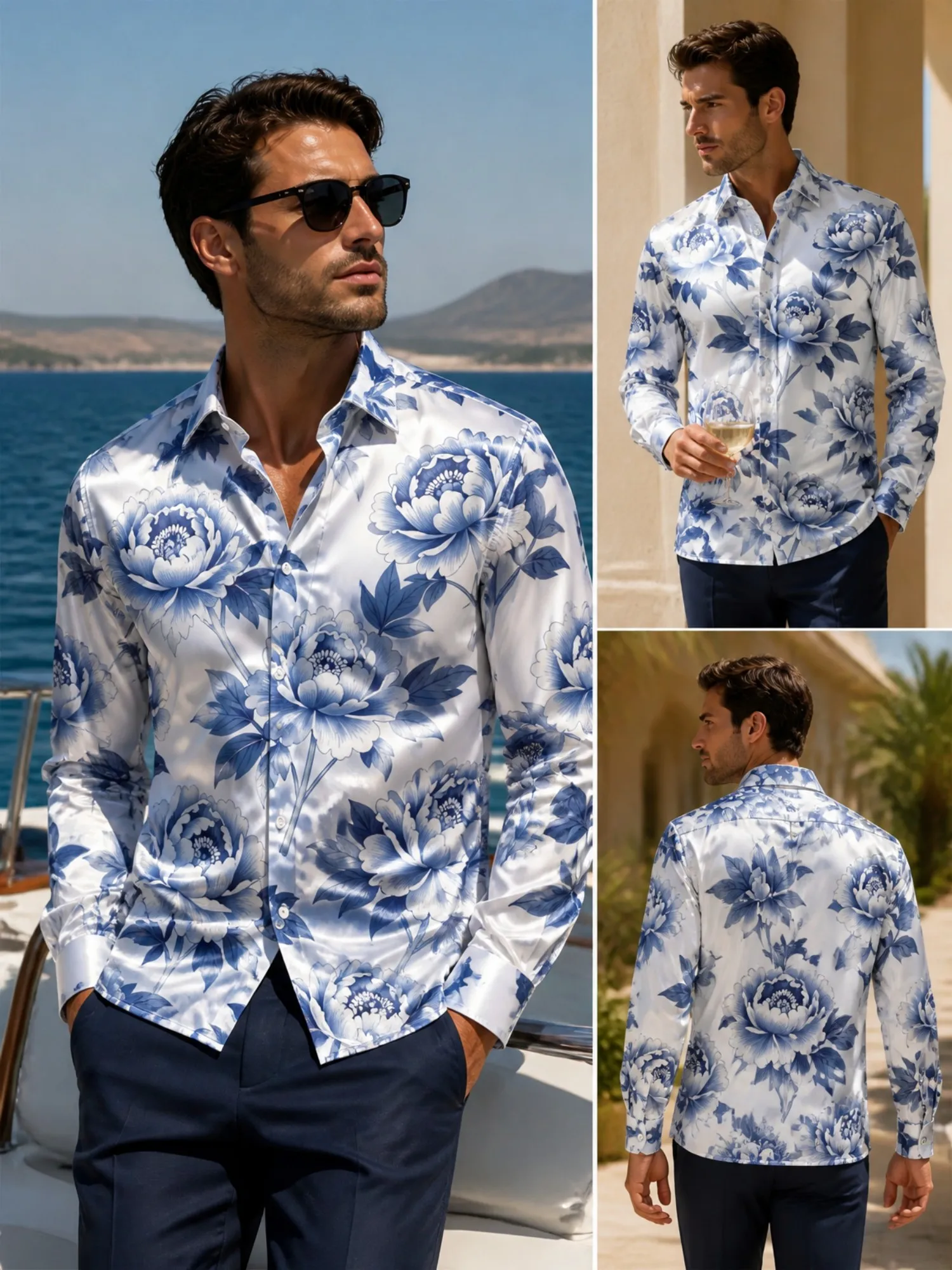 Mens Satin Long Sleeve Button Down Printed Dress Shirt Refined Glossy Fabric Smart For Work Office Commute Business Everyday Wea