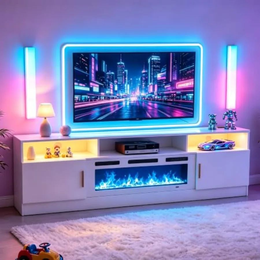 Living room TV stand with electric fireplace, MDF wood, black finish, 80-inch width, built-in power outlet, LED lights, and sto