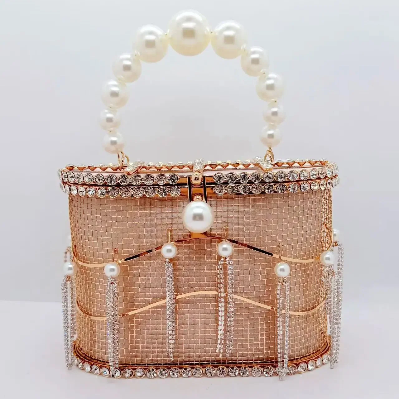 

Women Crossbody Bag Luxury Pearl Beaded Handbag Hollow Out Glitter Rhinestones Diamond Evening Bag Wedding Party Clutch Purse