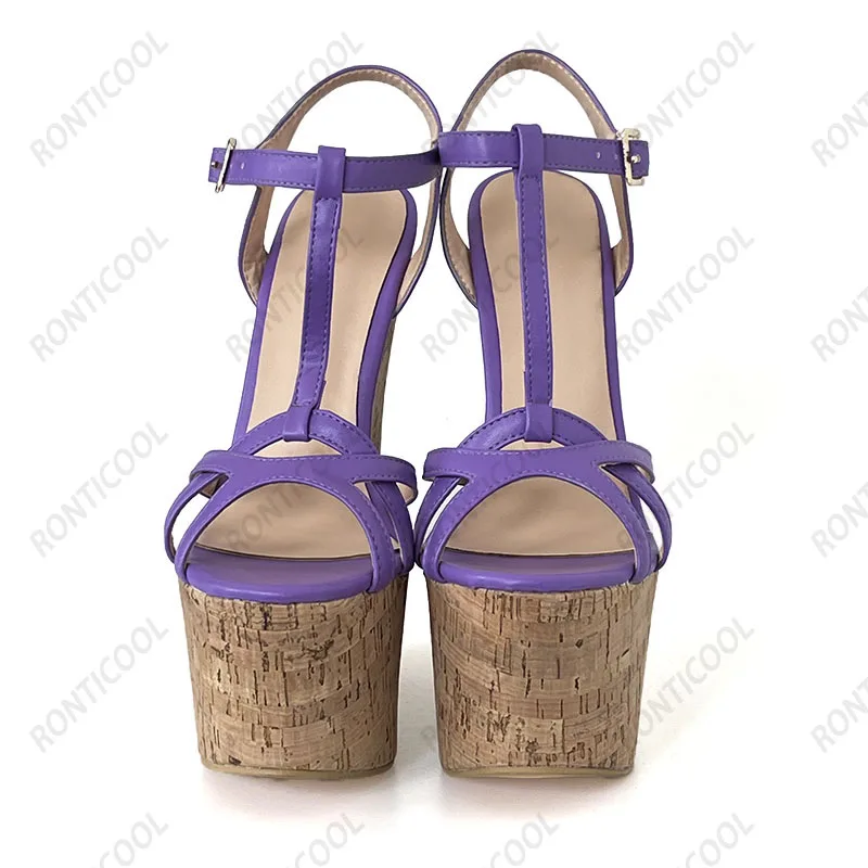Ronticool Handmade Women T-strap Sandals Ultra High Wedges Heels Round Toe Classics Black Dress Shoes Ladies US Plus Size 5-15