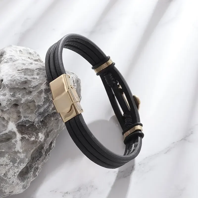 Vintage Punk Style Hand Braided Anchor Charm Bracelet Men's Classic Leather Bracelet with Magnetic Closure Fashion Wrist Jewelry image 4