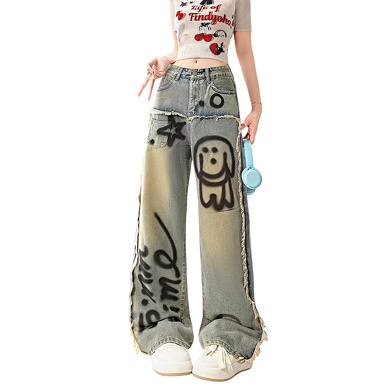 

Fashion Streetwear Casual Jeans Women's Pants Vintage Graffiti High Waist Straight-Leg Pants Long Trousers Clothing SL065