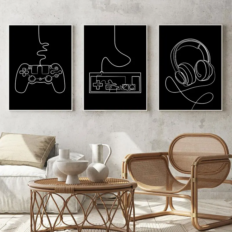 Simple GamePad Headset Line Pattern Canvas Art Print Modern Black Background Wall Decorative Poster for Home Game Room Bedroom