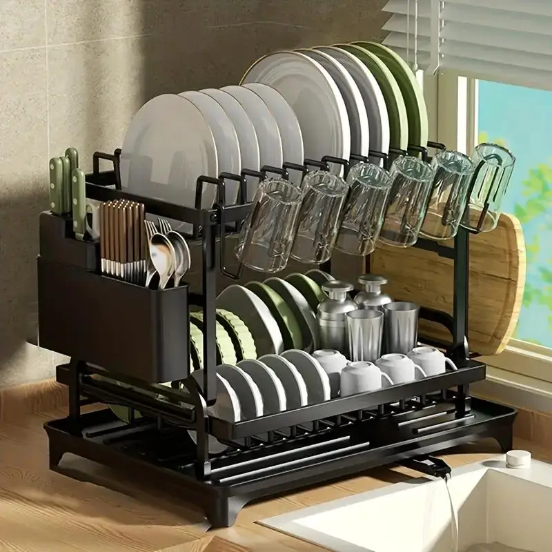 Égouttoir à vaisselle à 2 niveaux en acier au carbone, organisateur de cuisine avec rotation à 360° °   Égouttoir pivotant noir avec porte-couverts et support de rangement pour assiettes et bols
