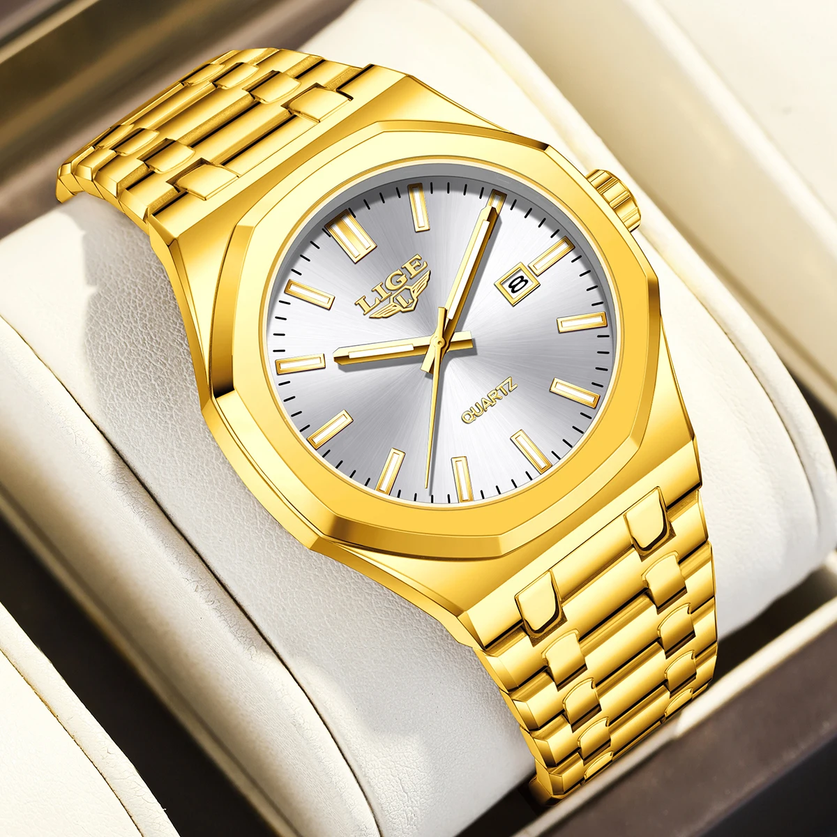 

Мужские модные часы LIGE, водонепроницаемые, из нержавеющей стали, светящиеся, деловые, кварцевые, наручные, с датой, Reloj Hommes+Box