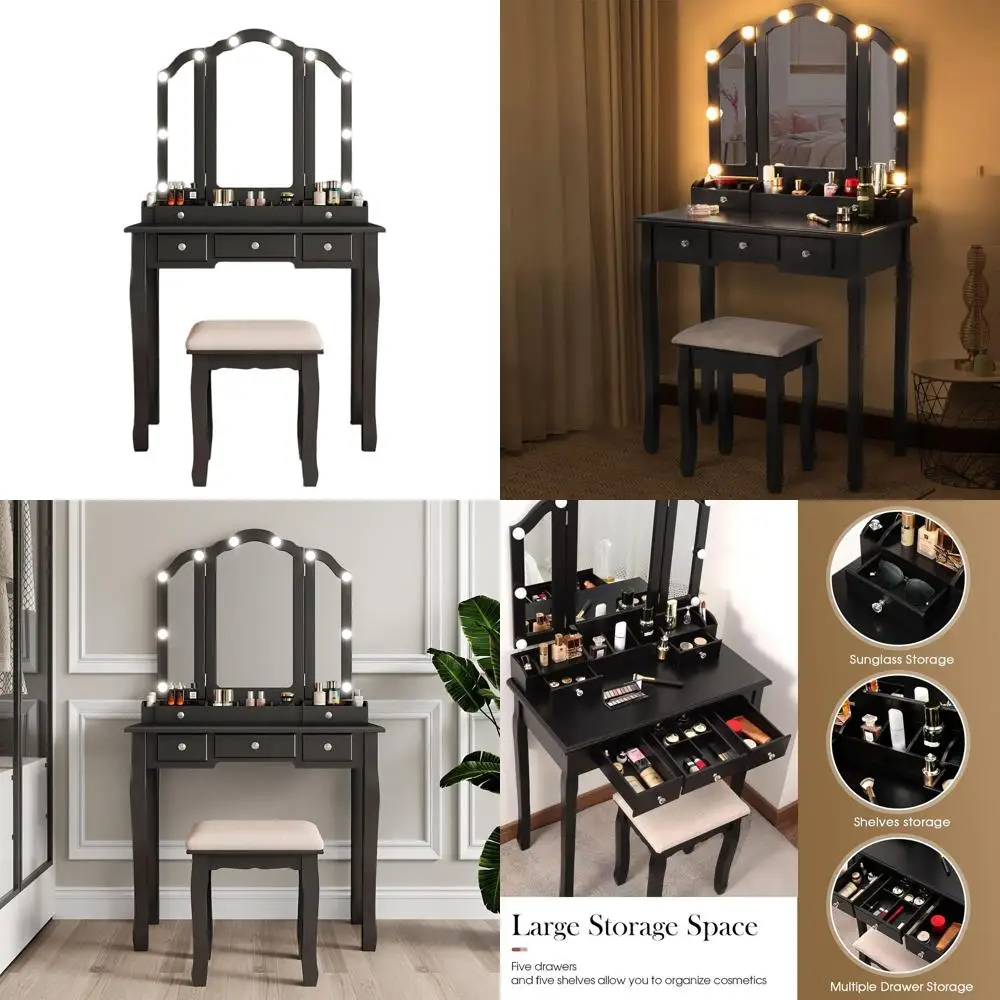 Illuminated Tri-Fold Mirror Vanity Desk with Makeup Table Set in Black