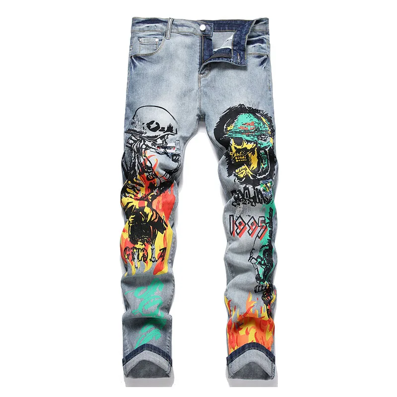 

Hip Hop Vintage Printed Ripped Jeans Pants Washed Harakuju Skull Pattern Denim Trouser For Male Slim Fit