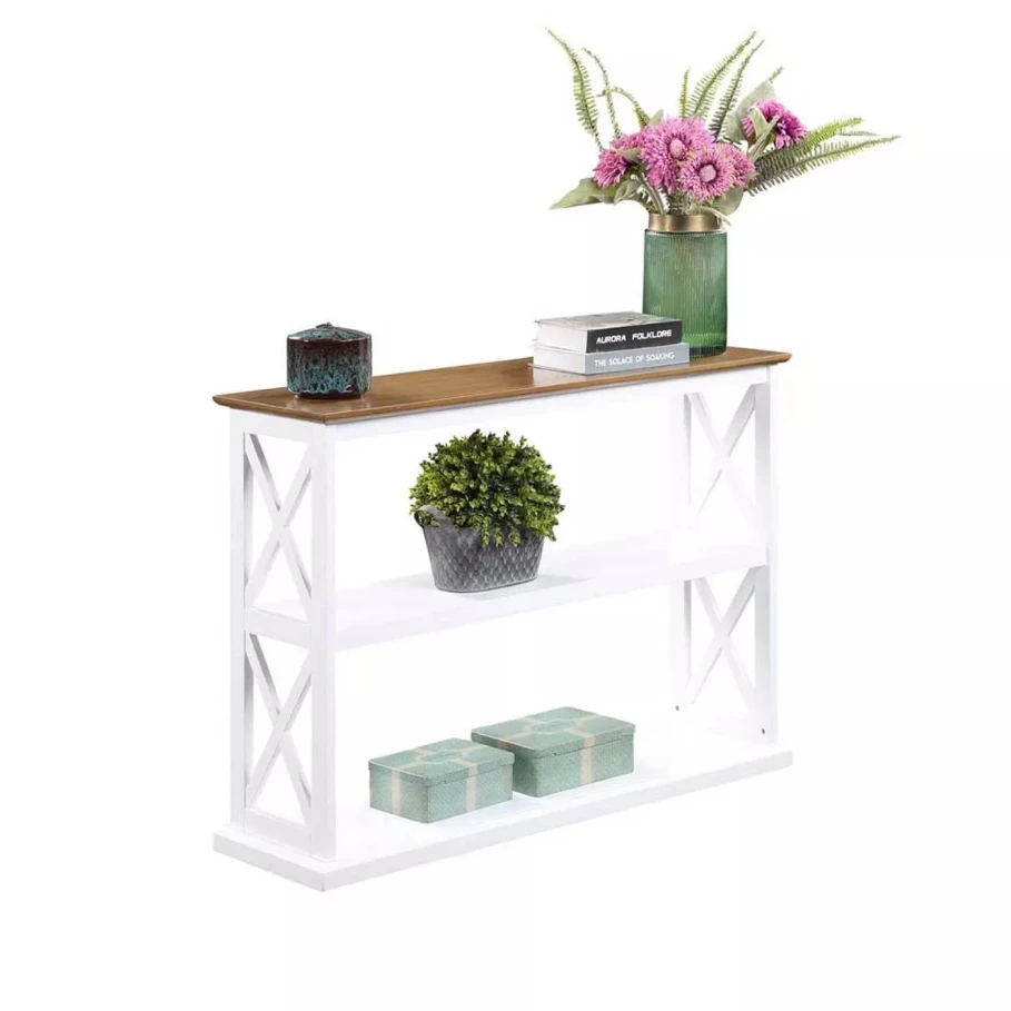 MAGI 2-layer shelf table double crisscross on each side wood long white entry table console with storage