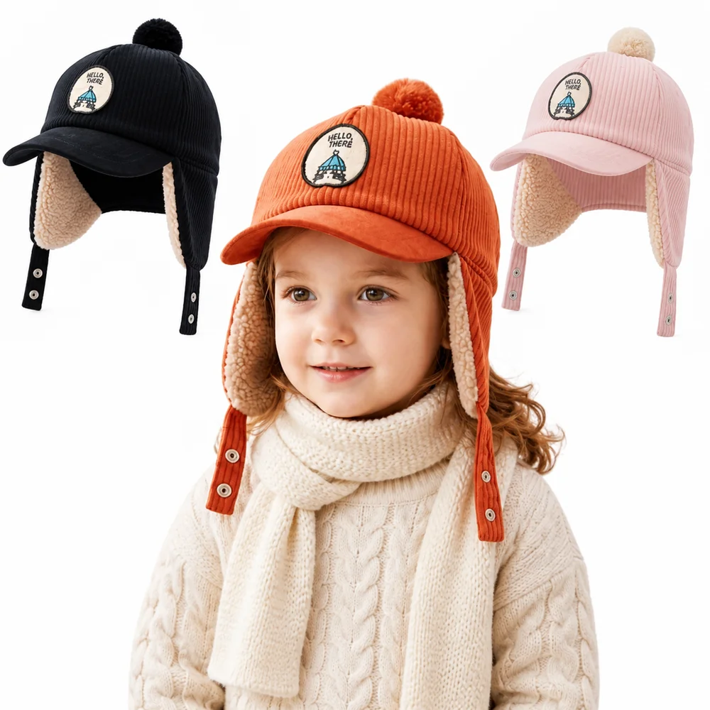 Solid Color Children's Earflap Hat Earflap Faux Lamb Fleece Lining Toddler Kids Cap Embroidered Patch Thick Baseball Cap