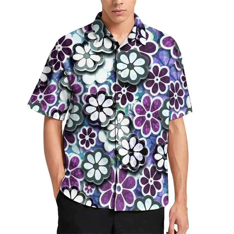 Full Print Colorful Flower Graphic Blouses For Men 3d Bright Floral Beach Shirts Mens Short Sleeve Vacation Hawaii Shirts Tops