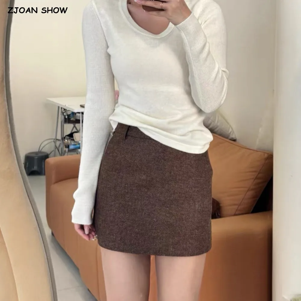 2024 Autumn Winter Soft Woolen High Waist Mini Skirt Women A-line Package Hips Short Skater Party Femme Camel Gray