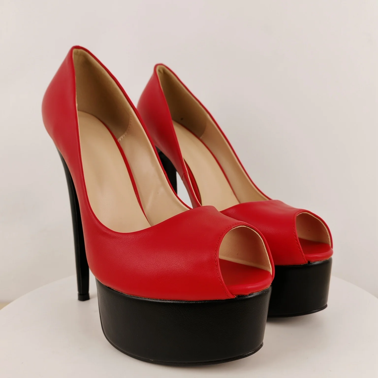 Women's Red Peep-Toe Platform Stiletto Pumps Two-Tone Design with Thick Platform Sole for Parties Nightclubs Bold Glamorous