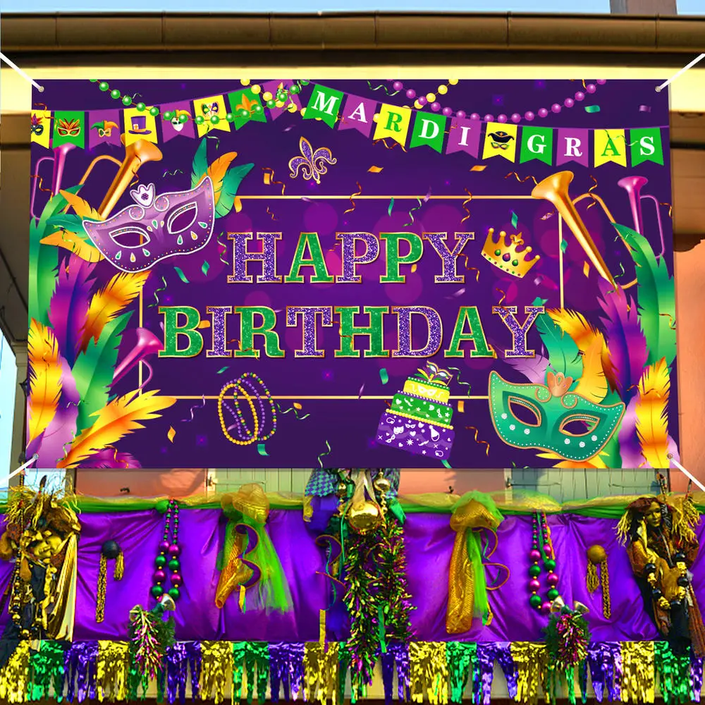 

2024 New Mardi Gras Birthday Party Banner Backdrop Banner Carnival Decoration Shiny Purple Black Birthday 70.8 x 43.3 Inch