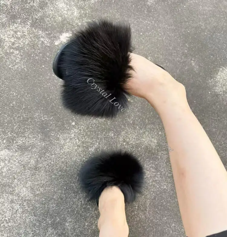 Fashion Big White Black Real Fox Fur Peep Toe Sandals Summer High Heels Slingbacks Woman Runway Shoes view 6