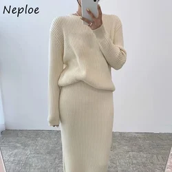 Neploe Korean Elegant O-neck Long Sleeve Knitted Sweaters+ Y2k High Waist Bodycon Skirts 2024 Autum New Two Piece Sets