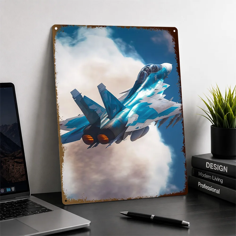 Blue Fighter Jet Above Clouds Textured Poster Personalized Metal Tin Sign Bold Airborne Technology Wall Art Belongs In Studies