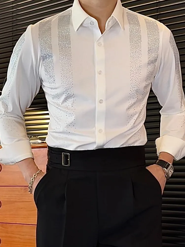 

New Office Mens Versatile Double Row Rhinestone Shirt Spring Long Sleeve Slim Fit Slim Fit Lapel Collar Business Casual