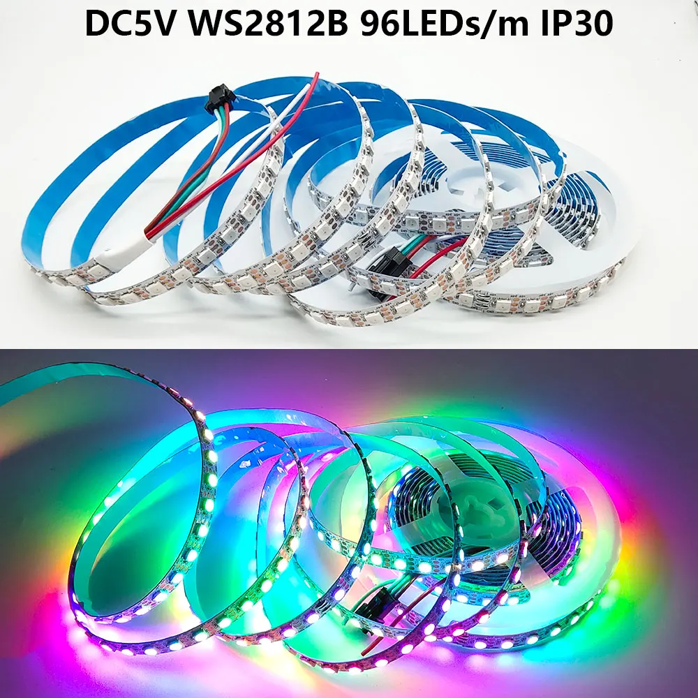 Imagem -03 - Fita de Luz Led ic Endereçável Individualmente Ws2812 Ws2812b Rgb Preto Branco Pcb Ip30 Ip65 Ip67 30 60 74 96 144 Leds m 5v