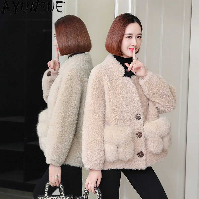 Ayunsue casaco de lã 100% feminino, jaqueta de shearling de ovelha, roupas de outono e inverno, bolsos de pele de raposa, Пegoьто Ж elektiniaiе, pele composta