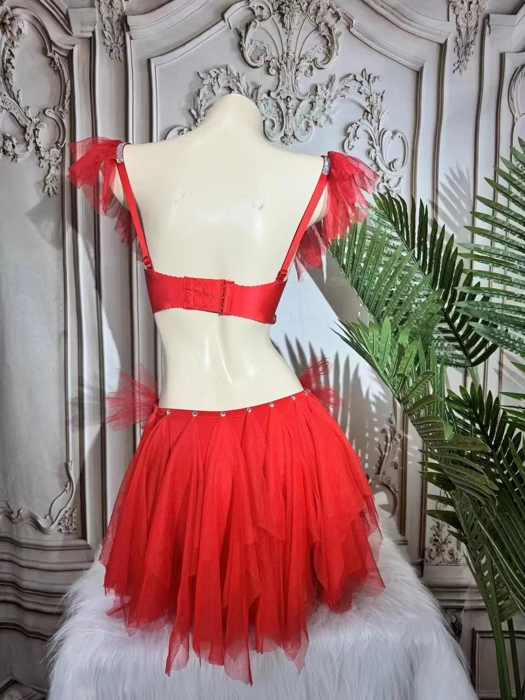 Women's Fashion Sexy Red/Pink Rhinestones Bikini Bodysuit Nightclub Bar DJ Disco Dance Performance Stage Rave Outfit Wear