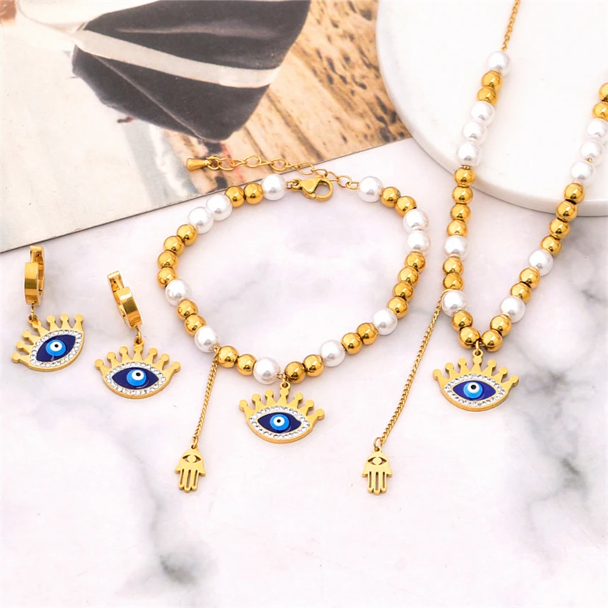 316L Stainless Steel Zircon Pearl Eyes Eyelash Palm Charm Chain Tassel Necklace Bracelet Earring Fashion High Jewelry Party Gift