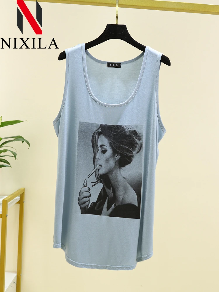 Spring Summer Women Long Tank Tops O-Neck Fashion Print Beauty's Head Casual Loose Sleeveless T-shirt Streetwear Female Dress