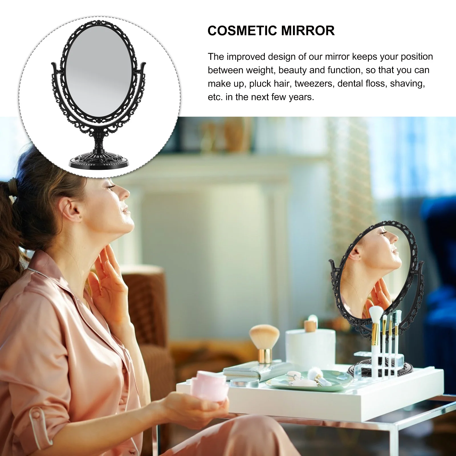 กระจกแต่งหน้าวินเทจสองด้าน กระจกตั้งโต๊ะแบบหมุนได้สำหรับห้องน้ำ ห้องนอน ตกแต่งโต๊ะเครื่องแป้ง