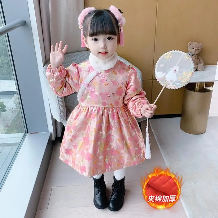 

Hanfu Girls' Winter Chinese Style Tang Girls' New Year Clothes Red New Style Cheongsam Festive New Year Clothes Dress Thickening