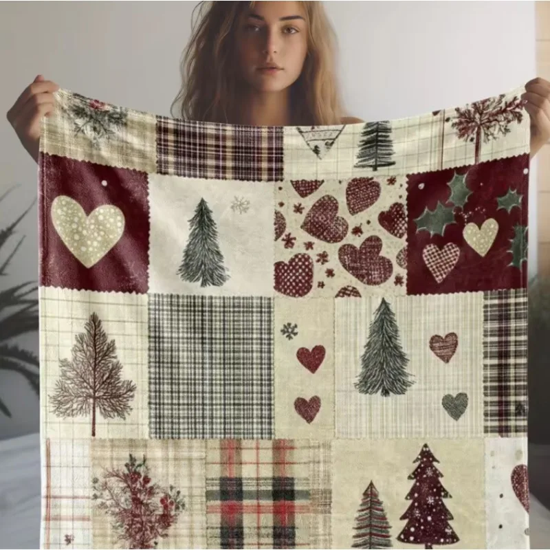Weihnachts-Flanelldecke, Patchwork, Weihnachtsbäume, Herzen, gemütliches Sofa, festliche Wärme, langlebig, weich, Urlaubsdekoration, zertifizierte Qualität