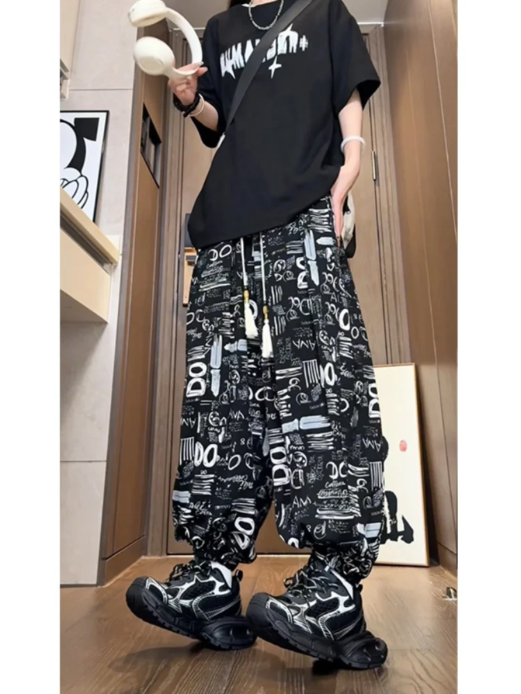 

New Chinese Sle Ice Silk Thin Summer Cool Feeling Lantern Pants Loose Fit Harlan Trousers Retro Print Bunching Casual Trousers