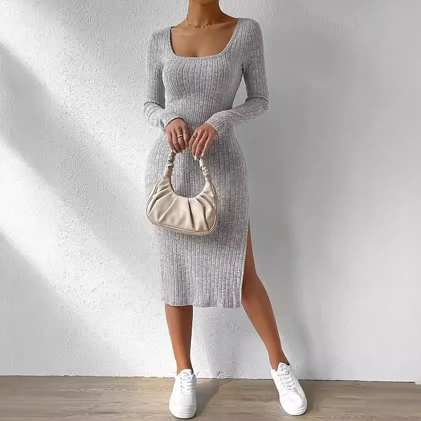 Elegant Square Neck Dress with Side Slit Jacquard Brushed Fabric for Women Spring Summer Dresses
