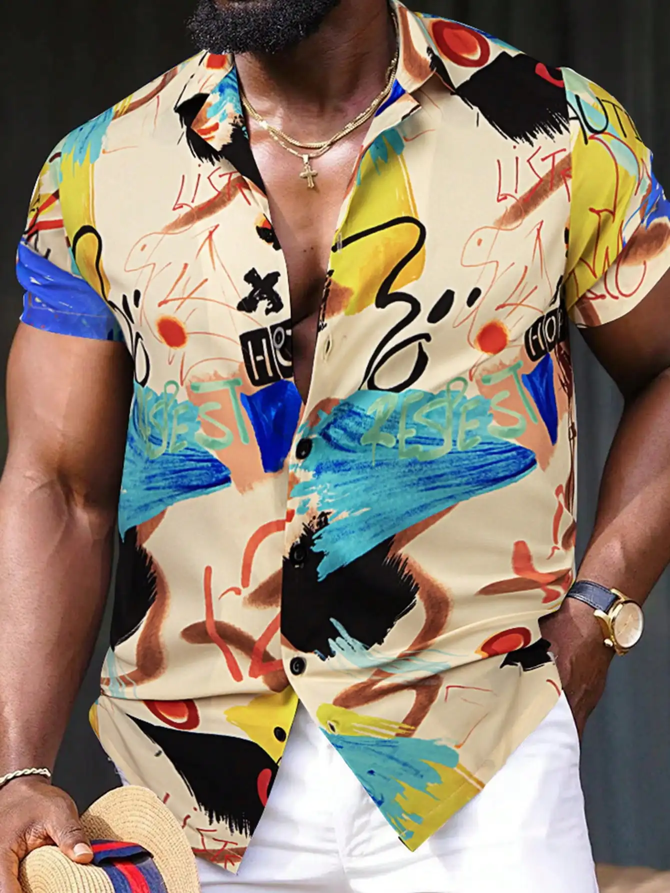 

Men's Abstract Art Print Short Sleeve Button-Up Casual Shirt