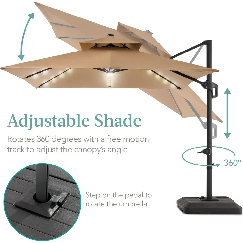 10x10ft 2-Tier Square Cantilever Patio Umbrella with Solar LED Lights, Offset Hanging for Backyard w/Included Fillable Base image 3