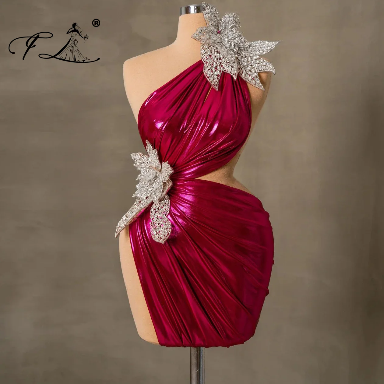 

Sexy One Shoulder Sheath Mini Short Dress with Crystals and Flowers Cut Out Cocktail Dress for Prom Party Customized Gown