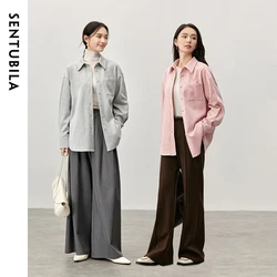 SENTUBILA Casual Loose Wool Shirt Women 2024 Winter Texture Folds Single Breasted Turn Down Collar Drop Sleeve Coats 144C57343