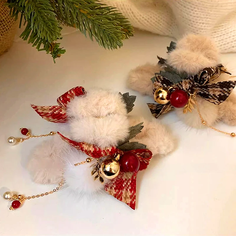 1PC Fashion Elegant Furry Creative Hair Clip For Women Plush Bowknot Tassel Christmas Shark Clip Autumn Winter Hair Accessories