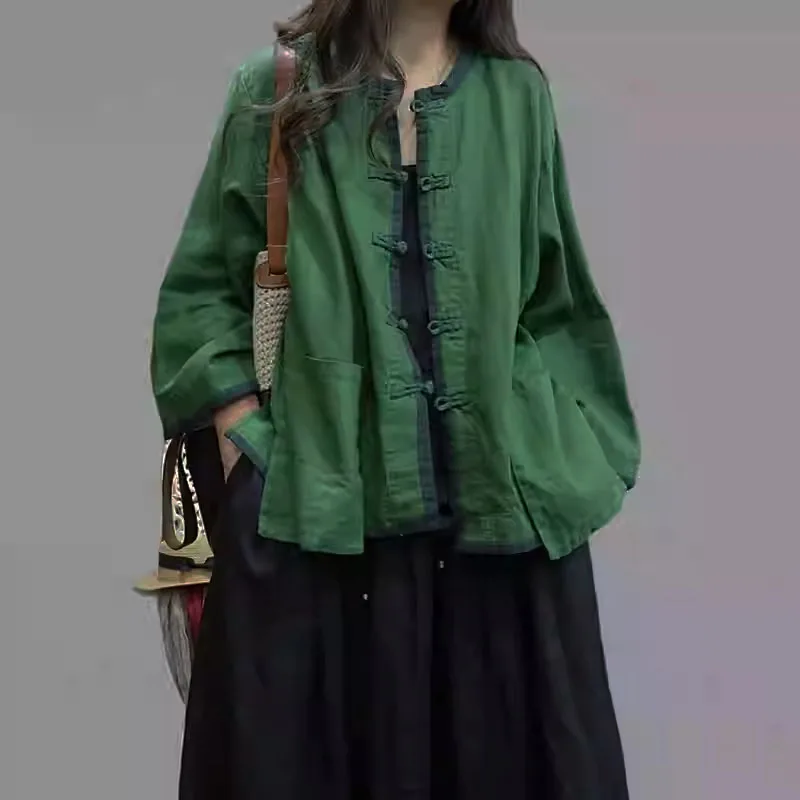 하이 엔드 리넨 대비 짧은 코트 여성 봄 여름 중국어 오픈 패치 워크 빈티지 대형 개구리 단추 긴 소매 탑