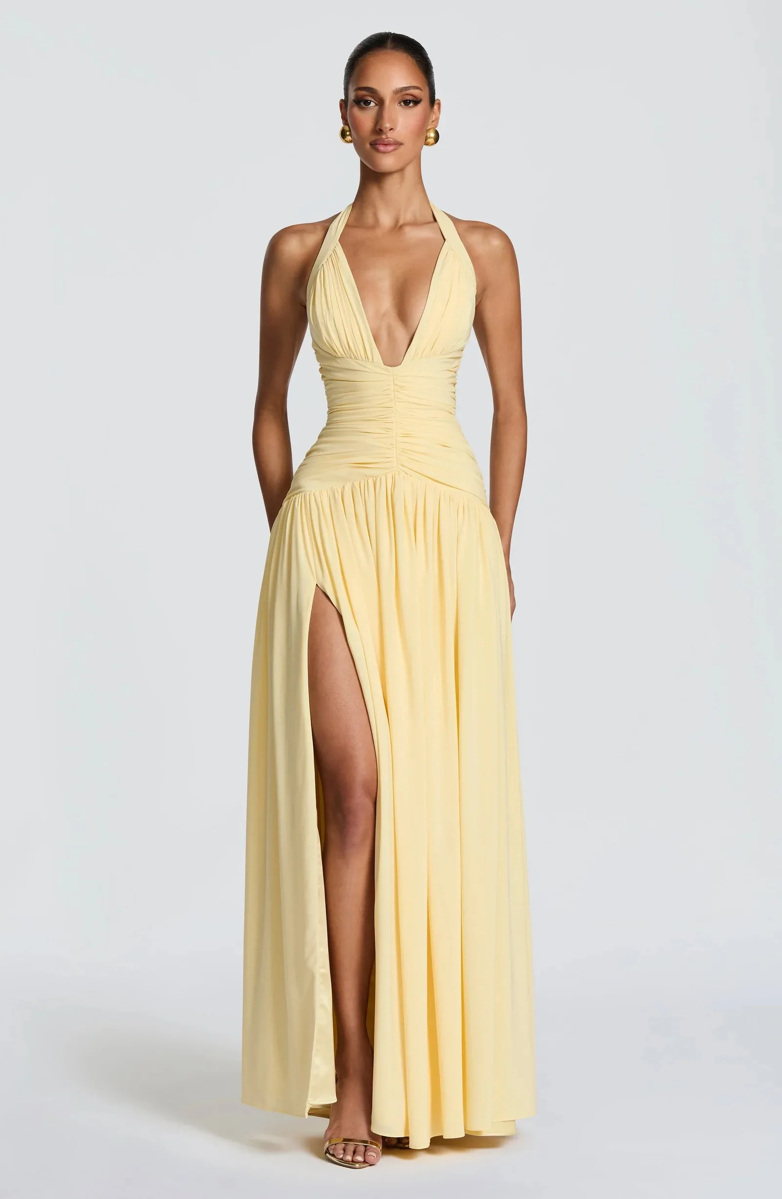 Yellow Chiffon Maxi Dress Elegant Halter/Strapless Ruched Formal Evening  Gown High Slit Prom Dress for Wedding Cocktail Party - AliExpress 320
