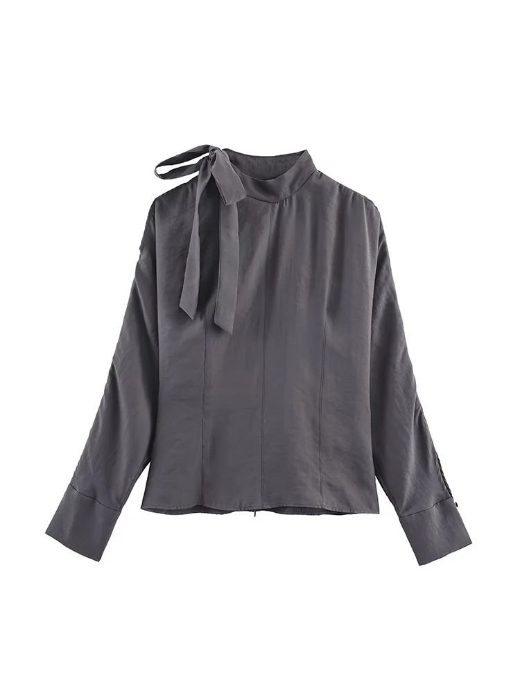 

Новая женская мода в европейском стиле, универсальная, элегантная однотонная рубашка с длинными рукавами, разрезами на плечах и бантом.