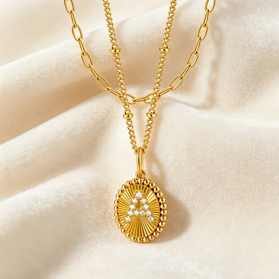 VANAXIN Initial Letter Oval Pendant Necklace Stainless Steel 18K Gold Plated Inlaid Zircon Multilayer for Women Fashion Jewelry
