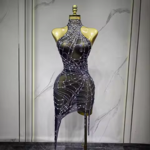 Women's Spider Rhinestones Mesh Asymmetric Bodycon Dress Evening Party Dress Nightbar, DJ, Gogo, Stage Costumes