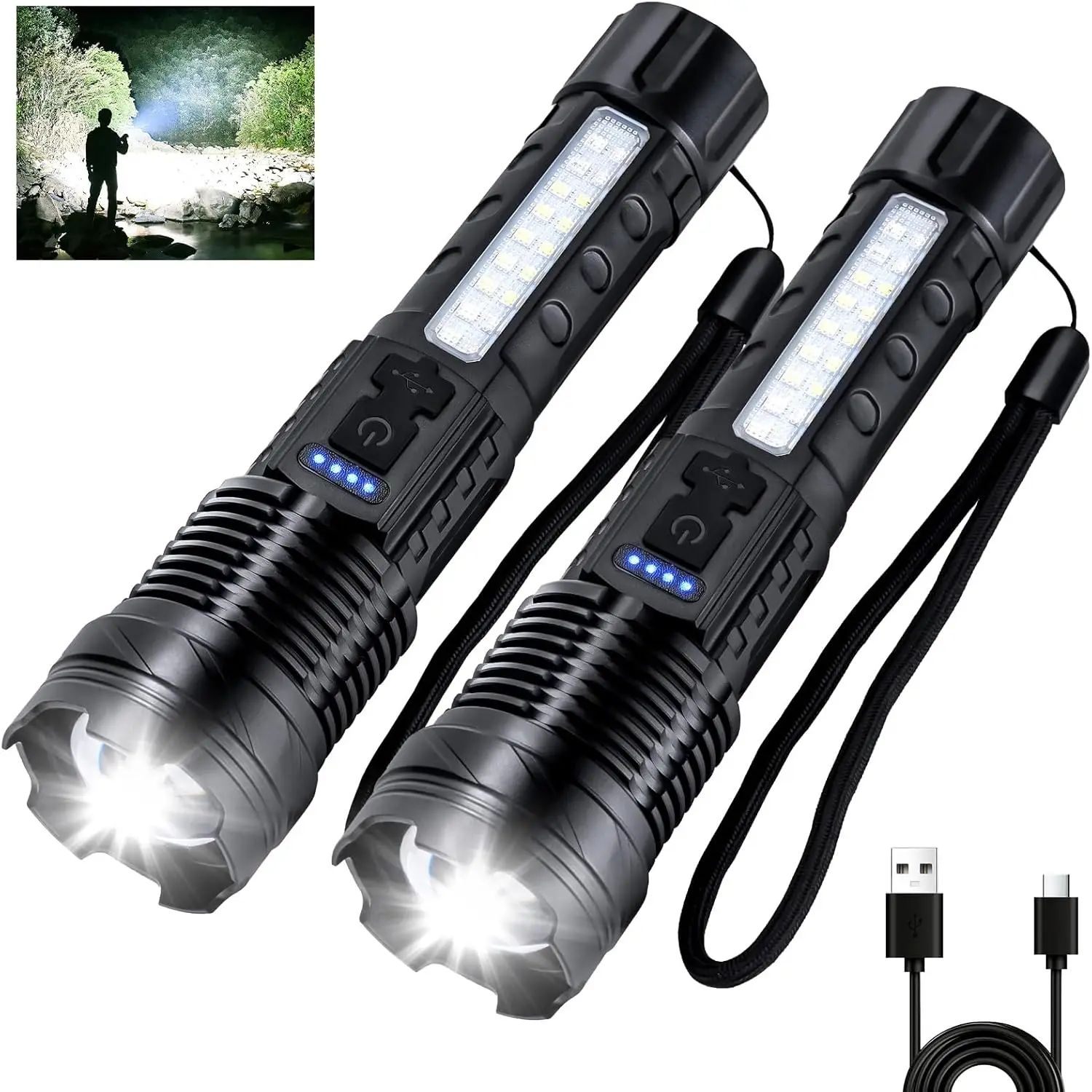 Powerful XHP50 LED Flashlight Waterproof 18650 Torch With Side Light 7 Modes Camping Fishing Lantern USB Rechargeable Zoom Lamp